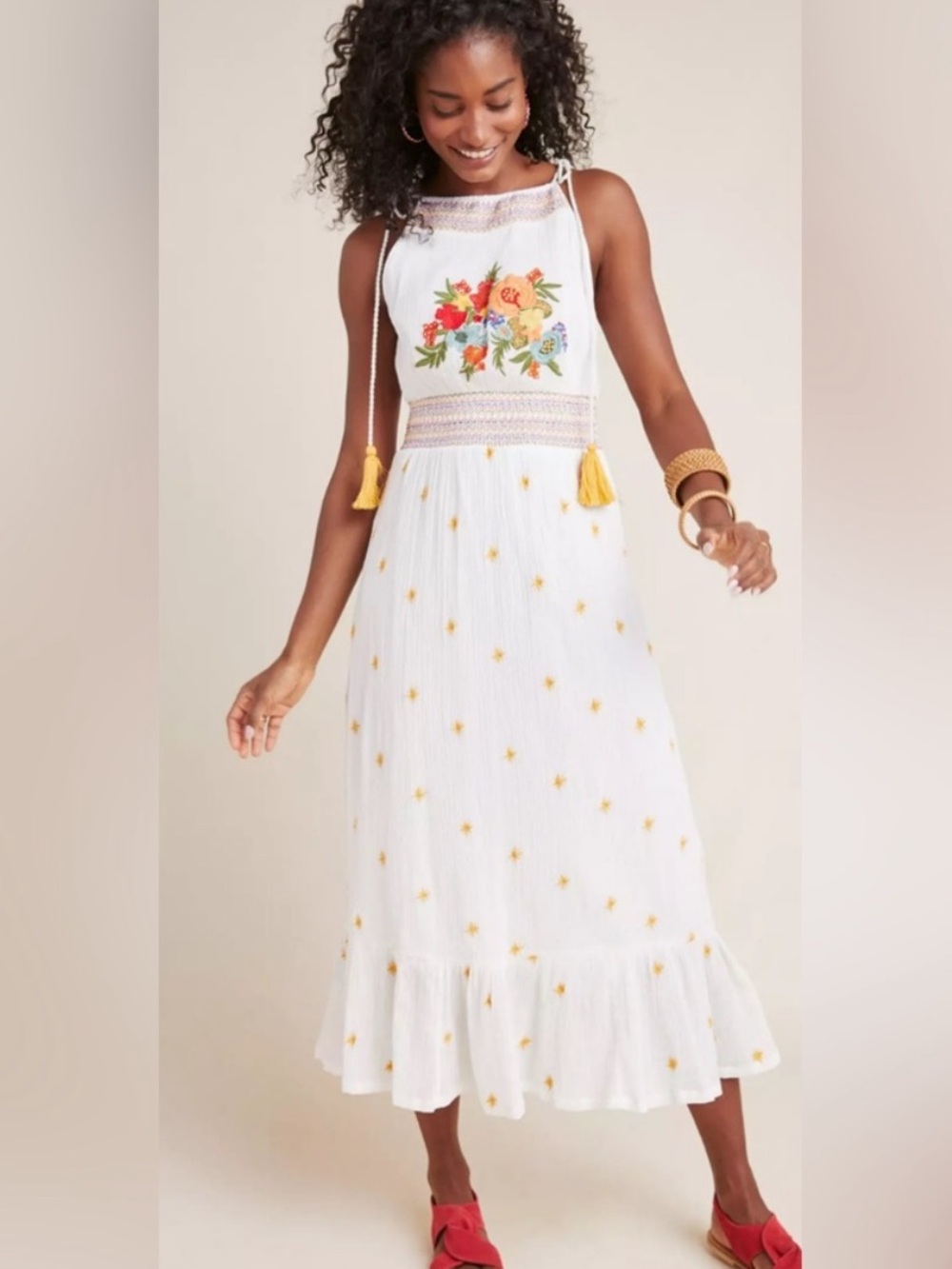 FARM Rio x Anthropologie Floral White Embroidered Maxi Dress XS Bloom Cotton